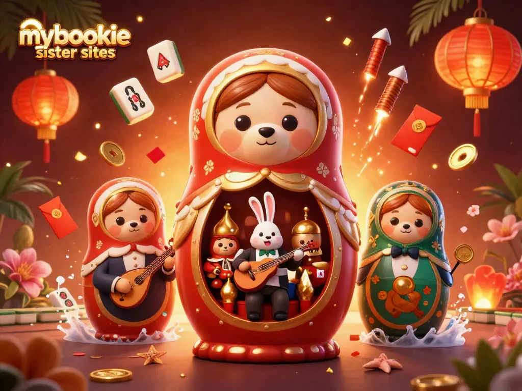 Engage with mybookie sister sites through vibrant casino-themed illustration featuring characters and decorative elements.