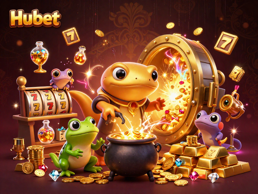 Experience casino excitement with Hubet's vibrant alchemy scene featuring gold coins and thrilling gaming elements.