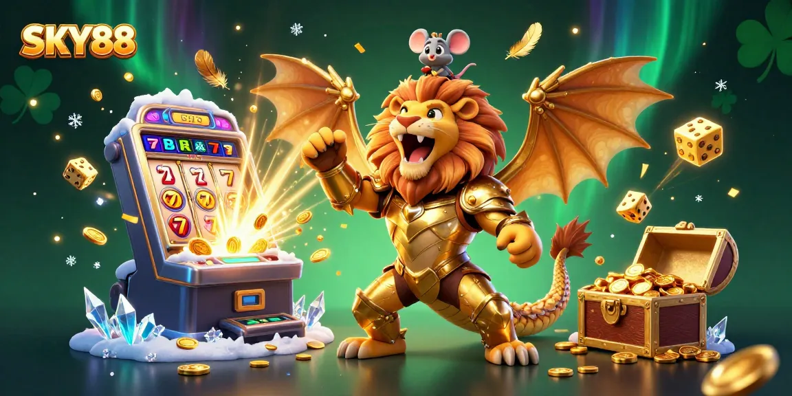 Experience the thrill of SKY88 as a chimera creature conquers a vibrant casino scene packed with game elements.