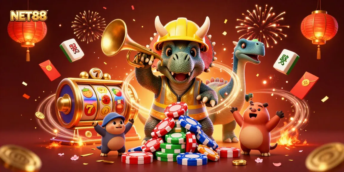 Celebrate NET88 with a vibrant gaming scene featuring a triceratops, slots, and confetti.