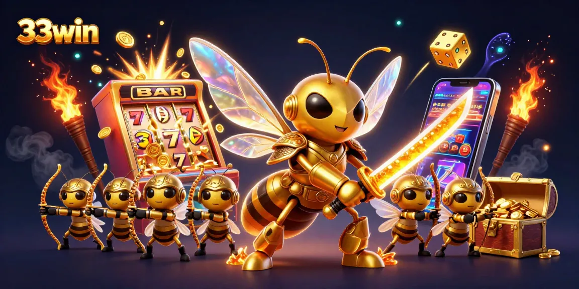 Engage with 33win's vibrant casino world featuring a golden hornet in samurai armor, slot machine, and dynamic game elements.