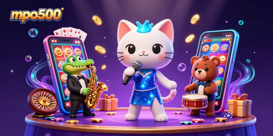 Spin reels and win with mpo500 alongside lively characters in a vibrant casino scene.