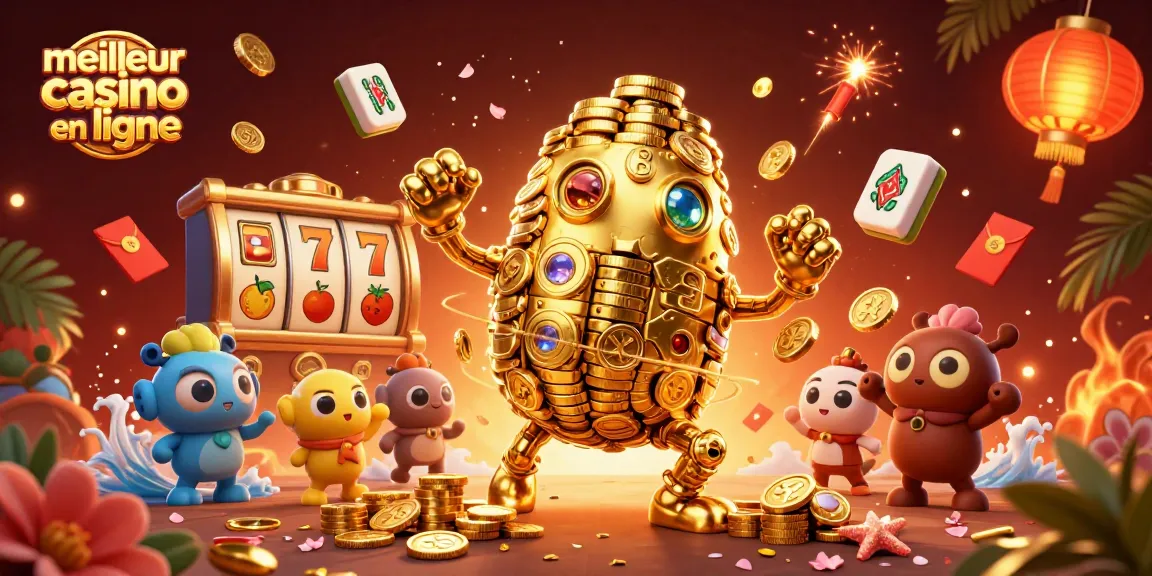 Plongez dans l'univers du meilleur casino en ligne avec un golem doré entouré de machines à sous et de lanternes.