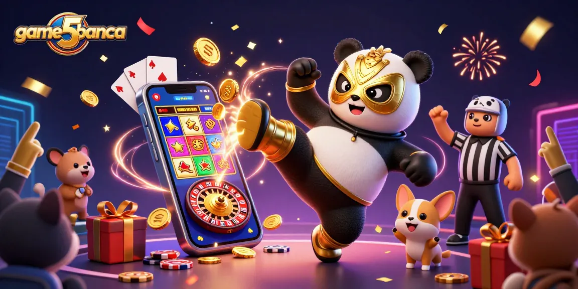 game5banca showcases a vibrant casino scene with a panda wrestler kicking amidst gold coins and fun!
