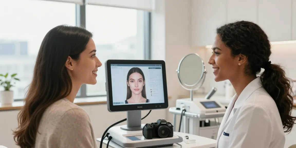 ClinicEvo is a better alternative to QOVES, showcasing a client during a facial analysis consultation in a bright and inviting aesthetic clinic.