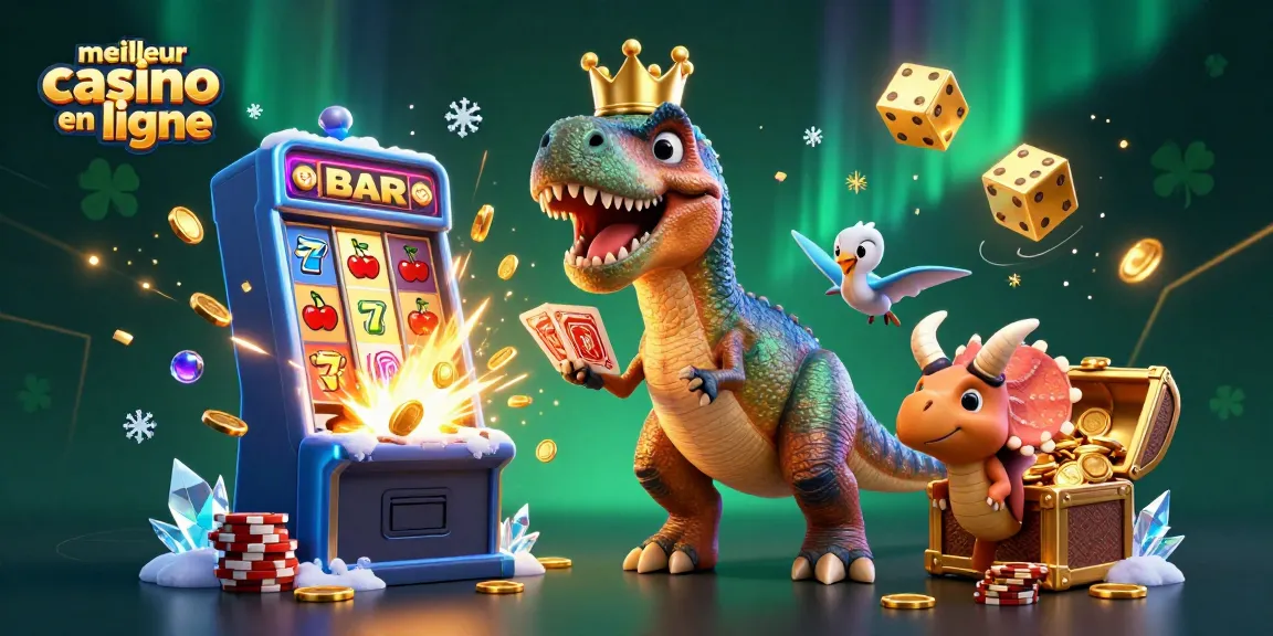 Le meilleur casino en ligne propose une scène animée avec un T-Rex jouant aux cartes, des jetons en or, et une machine à sous explosant de pièces.