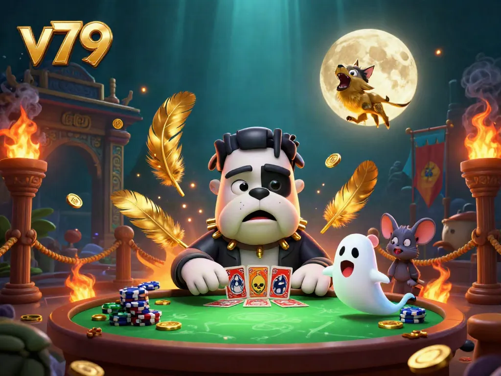 Experience thrilling card games with v79 at a spooky casino with vibrant characters and gold elements.