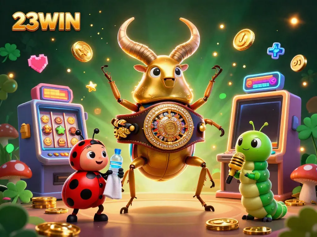 Experience the excitement of 23WIN with a vibrant 3D gaming scene featuring dynamic slot machines and captivating characters.