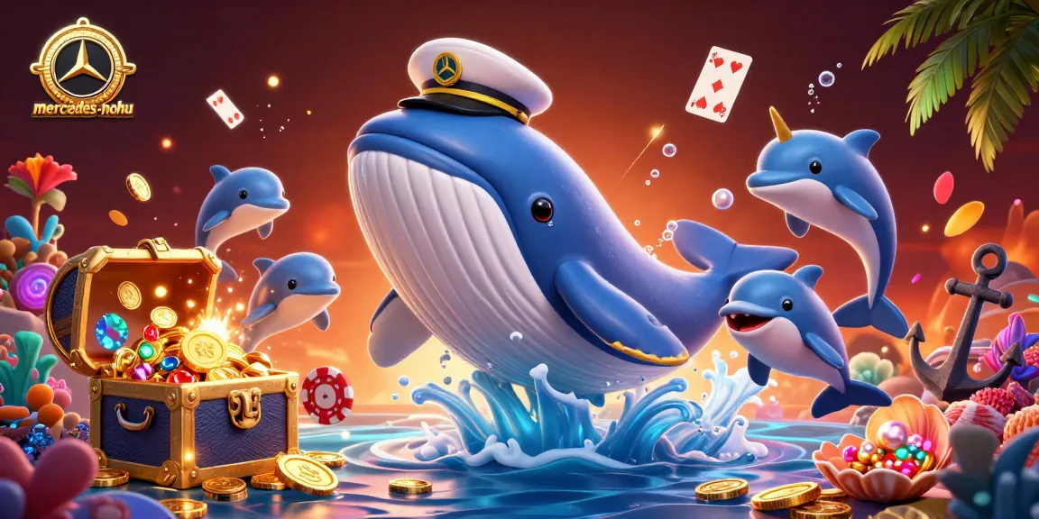 Engage with mercedes-nohu as a gigantic 3D whale breaks through a sea of coins amidst playful dolphins and treasure.