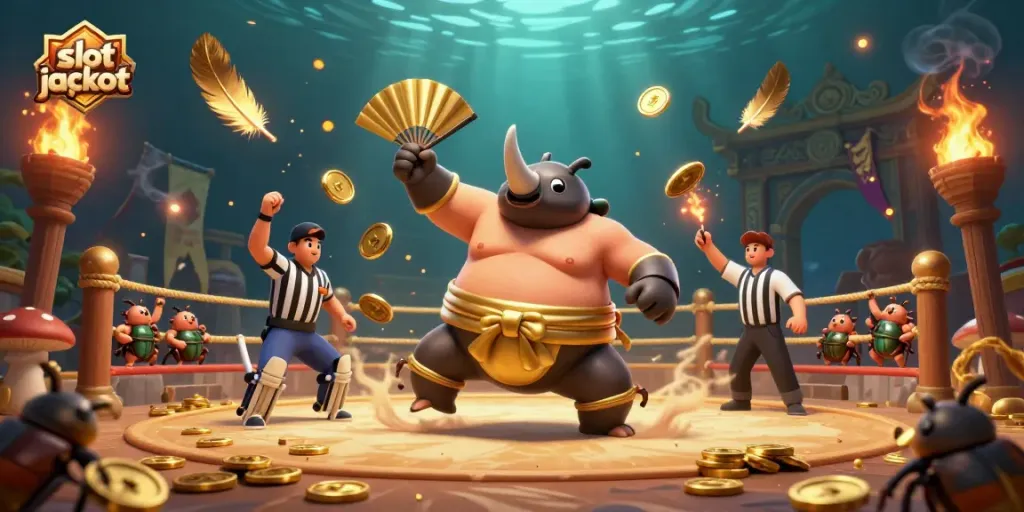 Experience the thrill of slot jackpot as a beetle champion sparks gold coins in a vibrant casino scene.