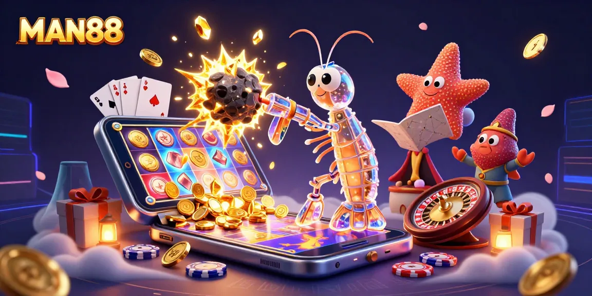 Experience excitement with MAN88 as a cosmic samurai mantis shrimp bursts gems and coins in a vibrant casino scene.