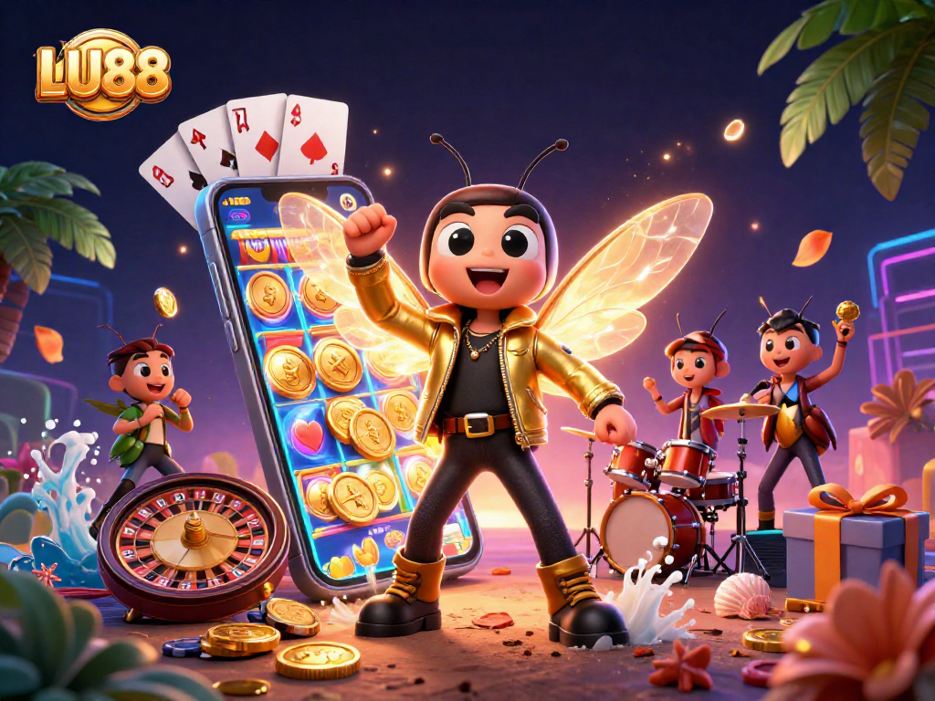 LU88 casino features a vibrant 3D cartoon scene with lively characters playing exciting games amidst dynamic elements.
