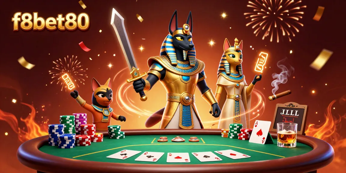 Experience thrilling poker action at f8bet80 with a dynamic 3D scene showcasing Anubis and Bastet.