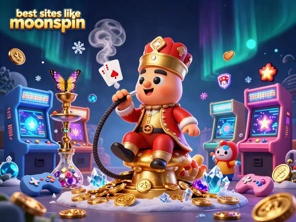 Experience the best sites like moonspin with vibrant visuals of casino gaming elements in a dynamic 3D illustration.