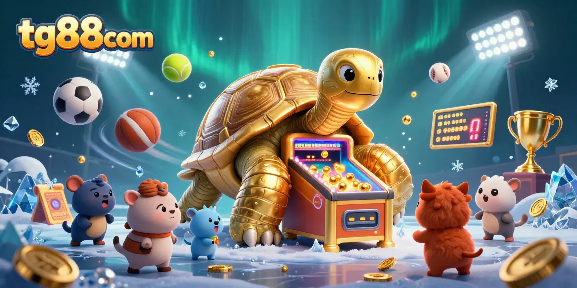 Play exciting games at tg88com, featuring a golden tortoise pinball machine and vibrant casino elements.