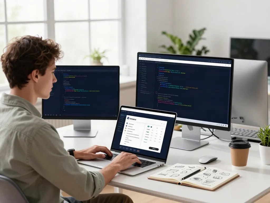 Brave browser in use on a modern workspace setup promoting productivity and focus.