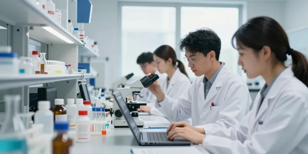 Diverse scientists in a lab examining high-quality peptides from the most trusted peptide vendors.