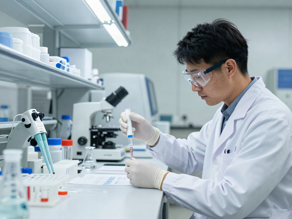 KLOW peptide solution being prepared in a sterile laboratory environment by a researcher in white coat.
