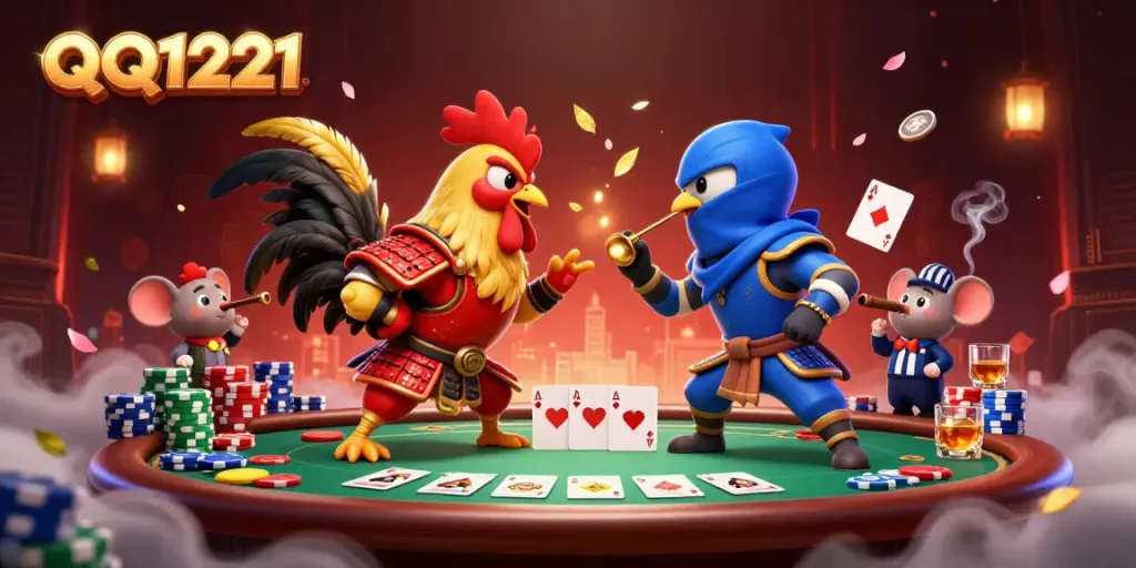 Engage in QQ1221 action with cartoon roosters in a dramatic gambling showdown featuring poker elements.