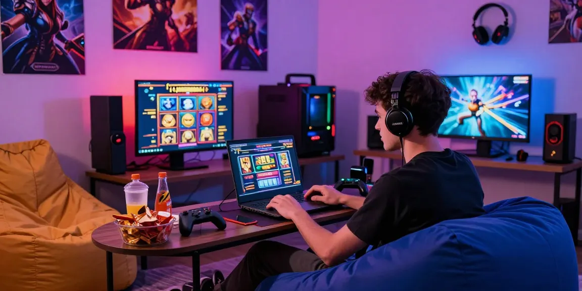 Engaged gamer playing slot jepang on laptop, surrounded by colorful gaming accessories and LED lights.