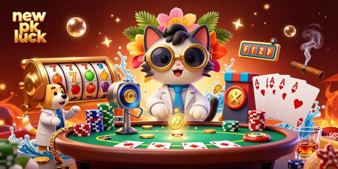 Spin to win at new pk luck with a magical lab scene featuring a mad scientist cat and lab dog.
