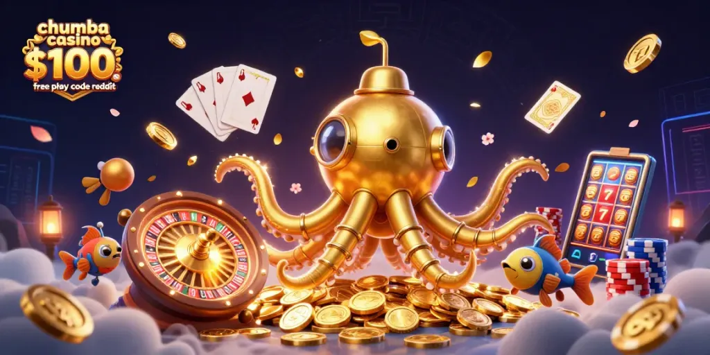 Spin to win with Chumba Casino $100 free play code reddit, featuring a kraken submarine and casino elements