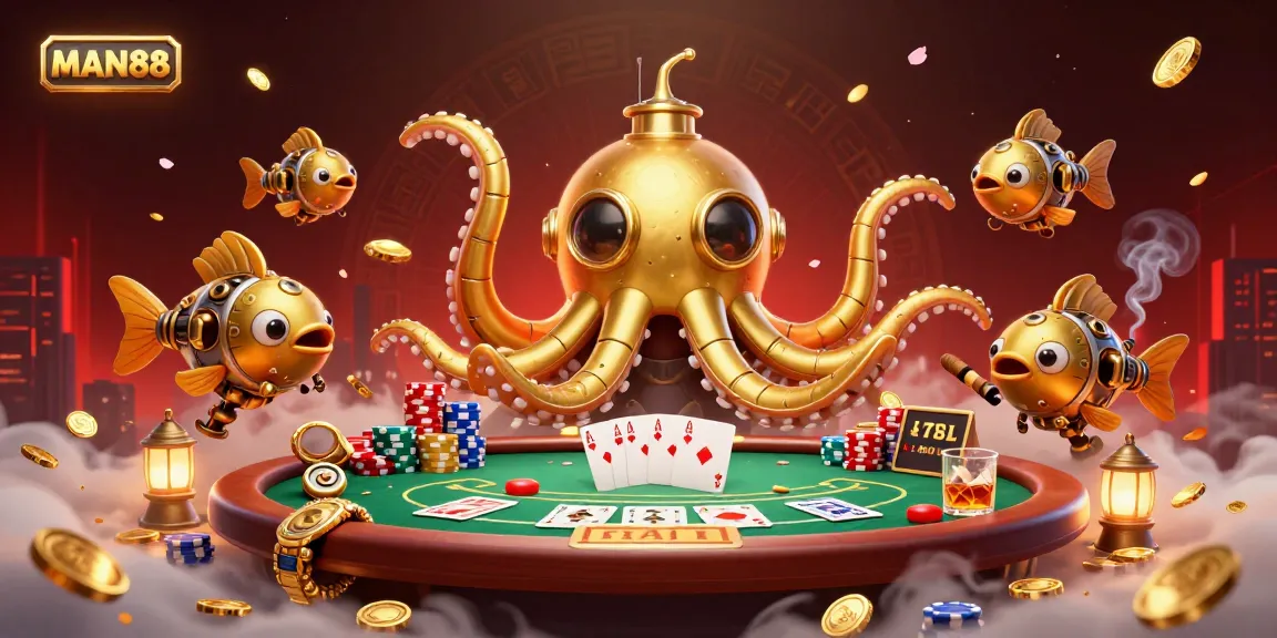 Experience thrilling poker action with MAN88 in a vibrant underwater casino scene.