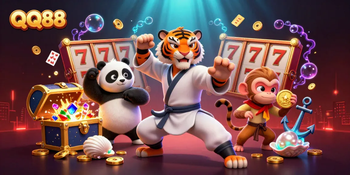 Experience the excitement of QQ88 with cartoon characters amidst vibrant casino game elements.
