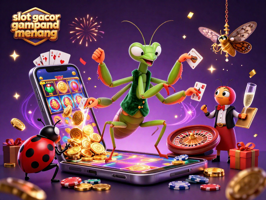 Experience slot gacor gampang menang excitement with this vibrant casino scene featuring cartoon characters and sparkling game elements.