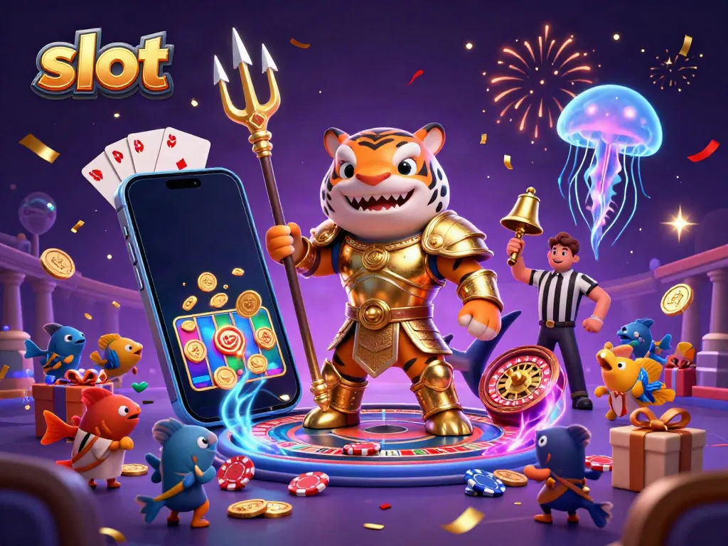 Memainkan permainan slot yang menarik dengan gambar hiu kartun dan alat kasino lainnya di latar belakang.