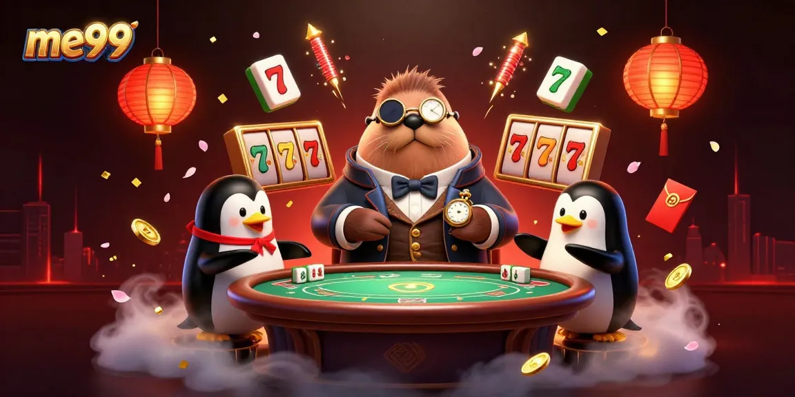Experience the thrill at ME99 casino with a jolly walrus, penguin dealer, and pufferfish bluffing amidst vibrant game elements.