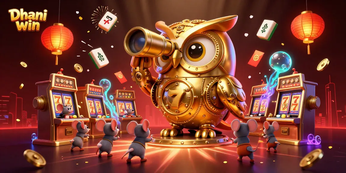 Experience Dhani win with a dynamic 3D casino scene featuring a golden owl and exciting slot machines.