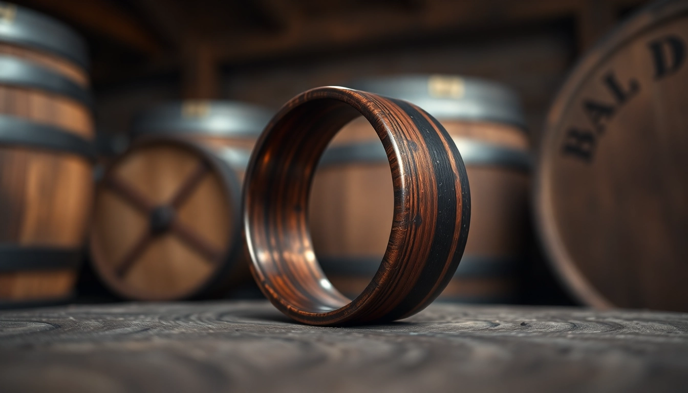 Showcasing a unique Whiskey Barrel Wedding Bands with distinctive wood grain details and rustic ambiance