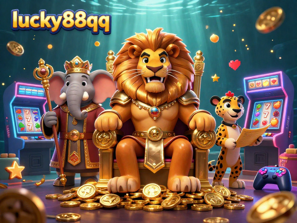 Experience thrilling moments at lucky88qq with vibrant slot reels, a lion king, and dazzling game elements.