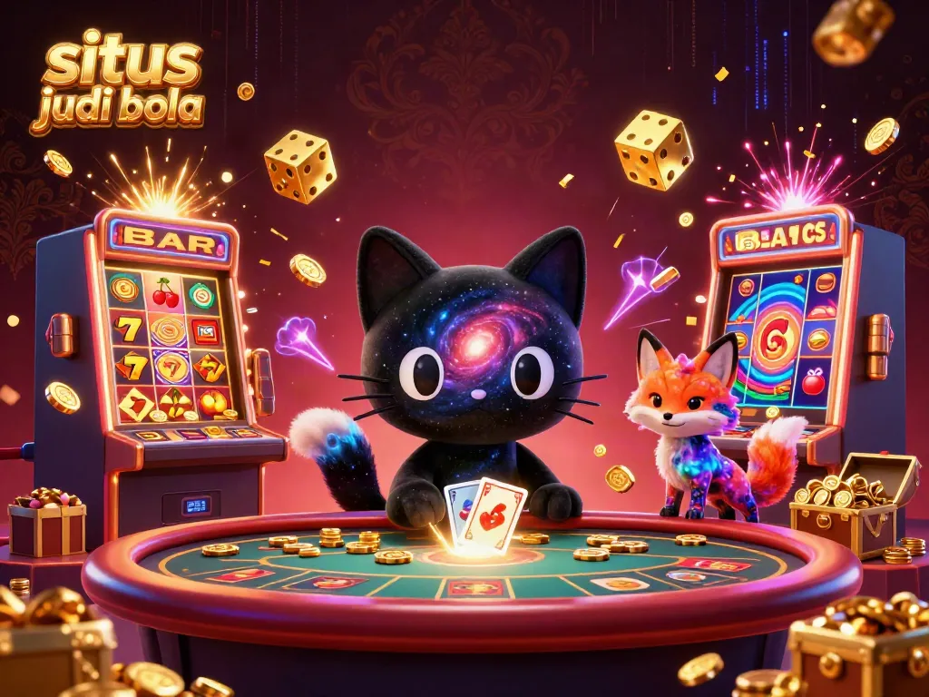 Experience thrilling action in a situs judi bola scene with a cosmic black hole cat and colorful fox at a casino.