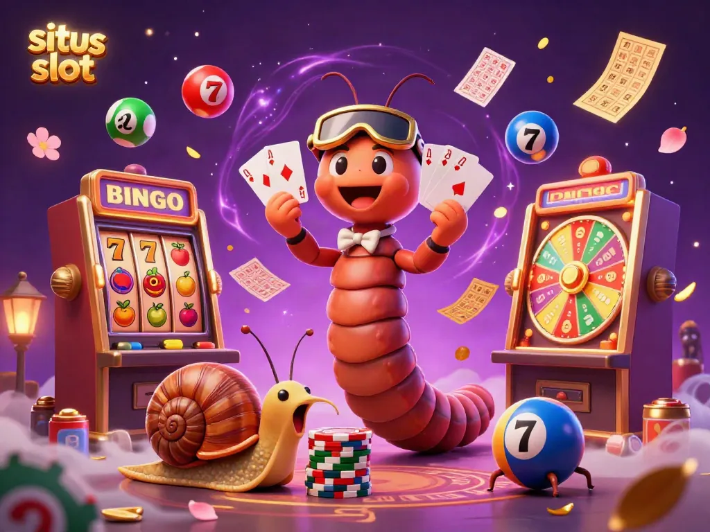 Ilustrasi kasino menarik dengan dealer milipede dan simbol slot mencolok di sekitar situs slot.