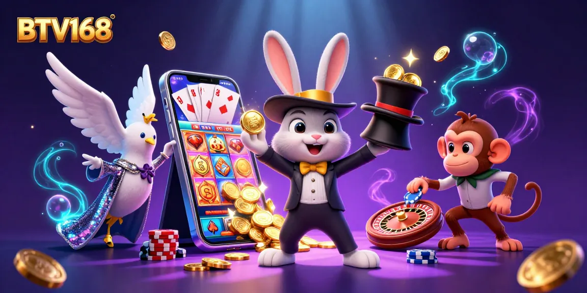 BTV168 showcases a magical 3D rabbit pulling coins in a vibrant casino scene filled with slot game excitement.