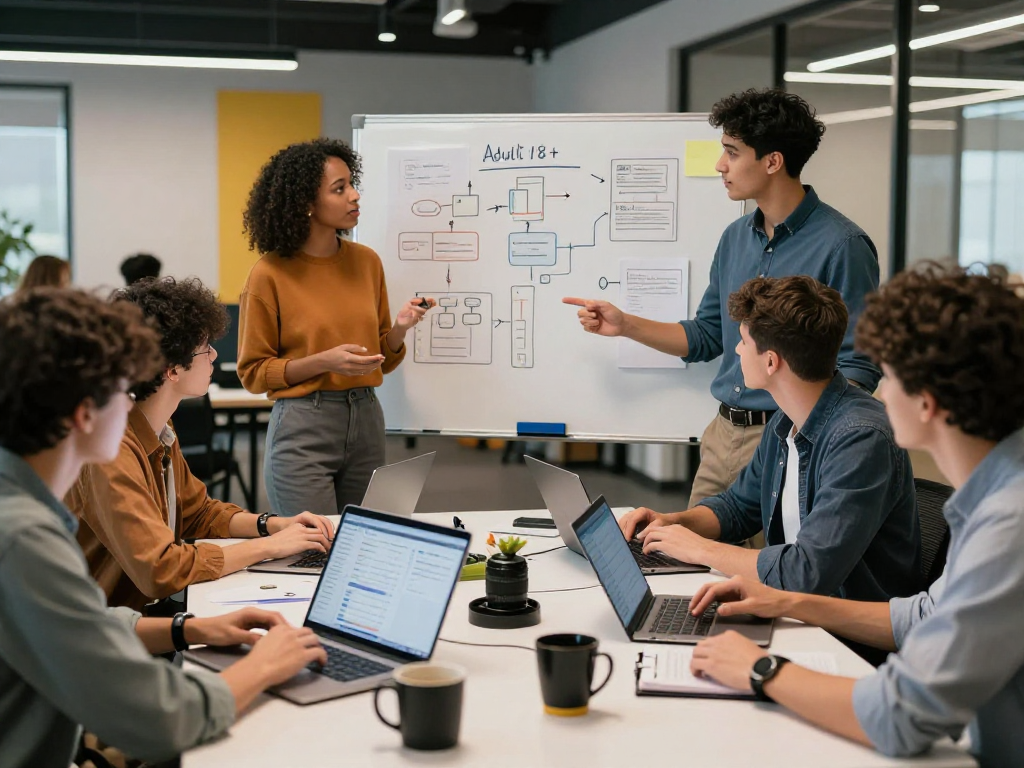 Young adults collaborating on AI 18+ projects in a modern office space.