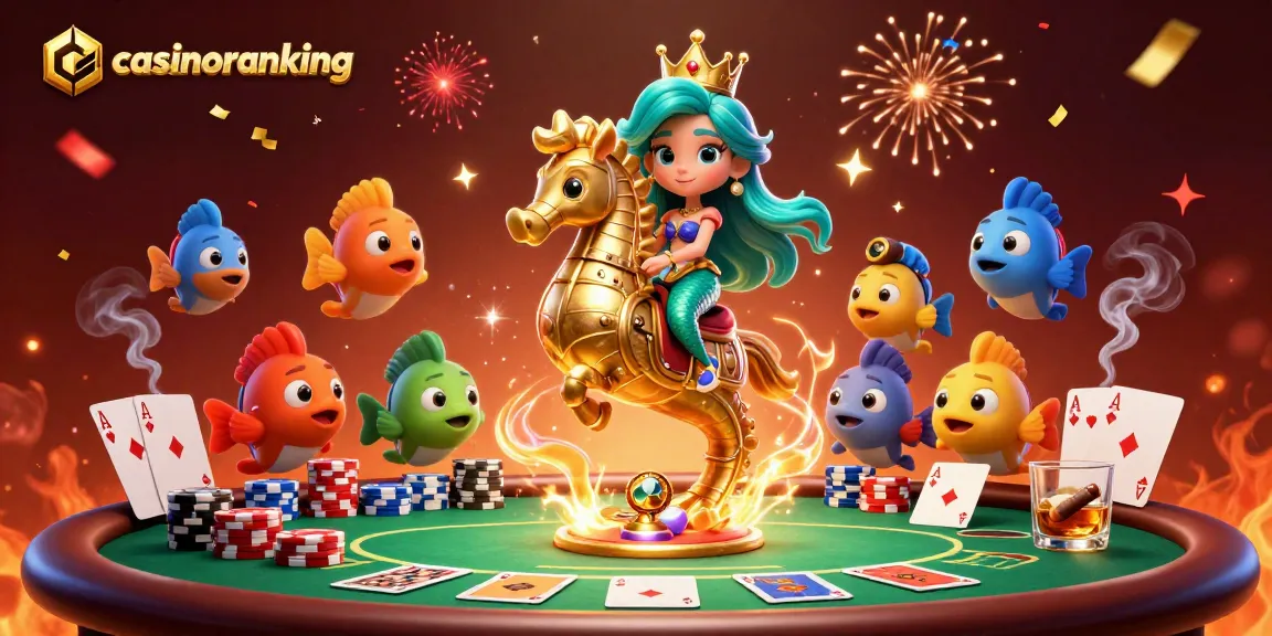 Play dynamic poker with casinoranking in a vibrant underwater scene featuring a mermaid riding a seahorse.