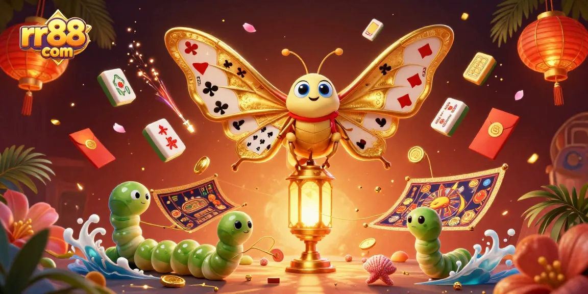 Experience the thrill of rr88 com with a vibrant casino scene featuring a majestic atlas moth and golden elements.