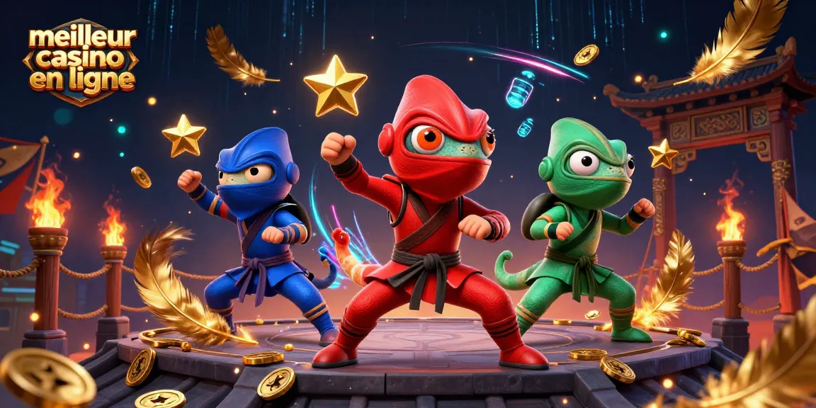 Le meilleur casino en ligne avec une équipe de caméléons ninja exécutant des poses martiales.