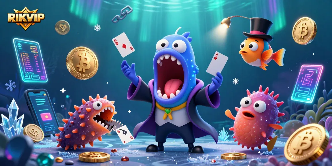 RIKVIP showcases a dazzling magic show underwater featuring glowing cryptocurrencies in a vibrant casino scene.