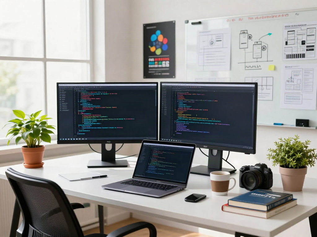 Experience with gb whatsapp apk in an inspiring app development workspace filled with coding tools and creative elements.