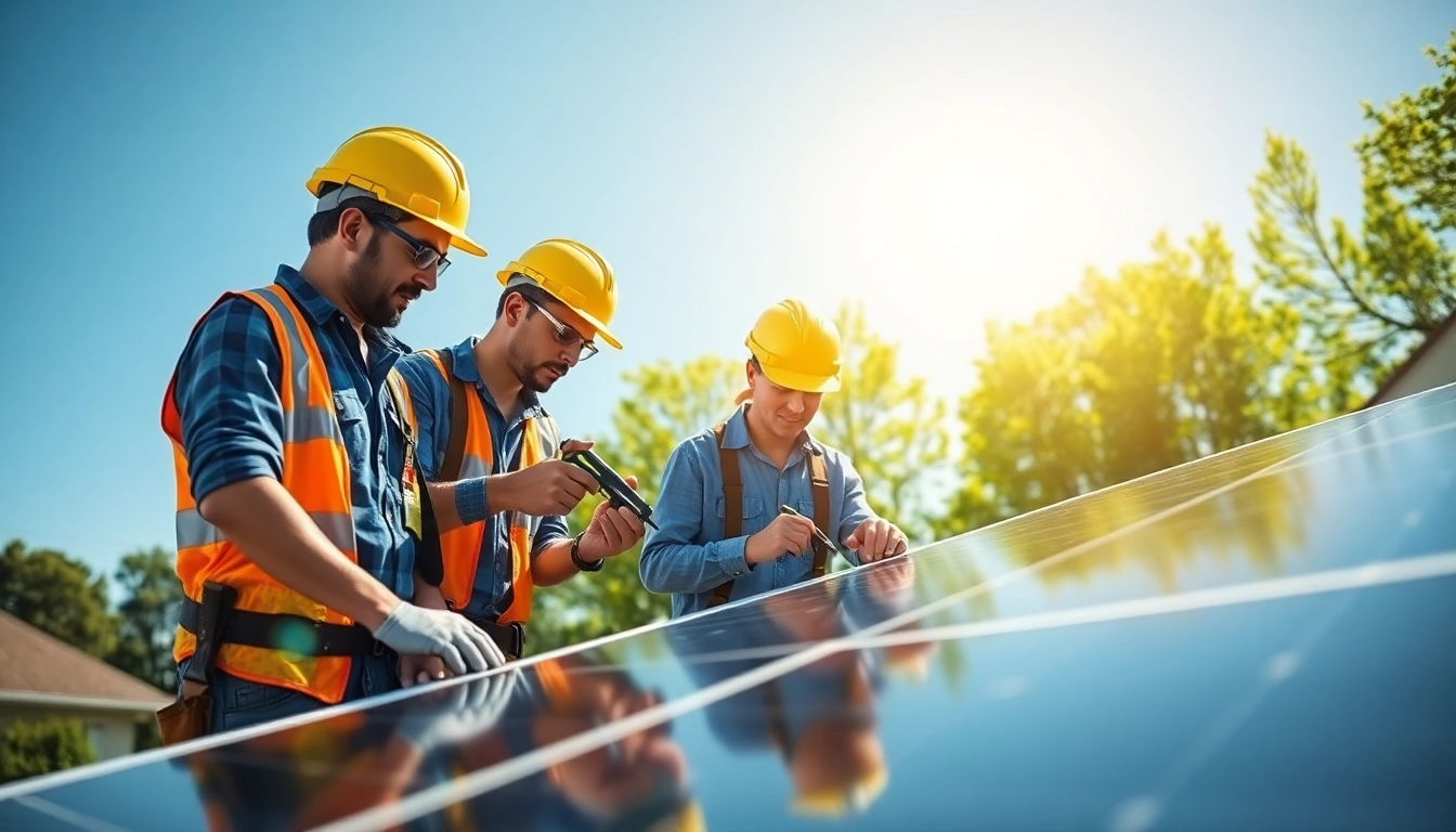 Technicians from a solar repair company New Jersey engaged in panel maintenance in a bright setting.