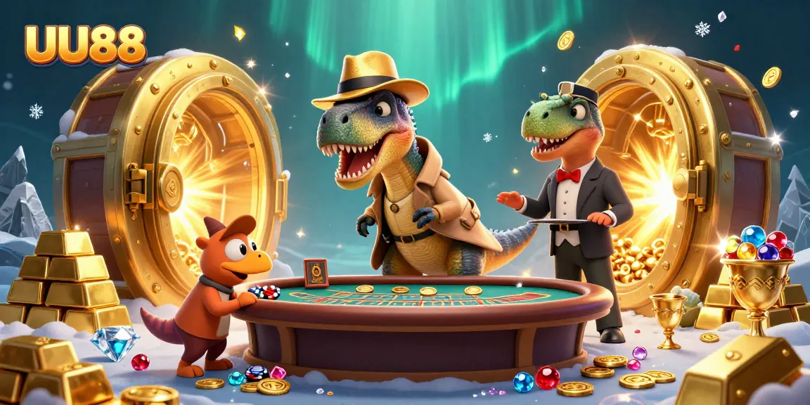 Experience the excitement of UU88 with a dynamic scene featuring cartoon dinosaur characters and casino elements.