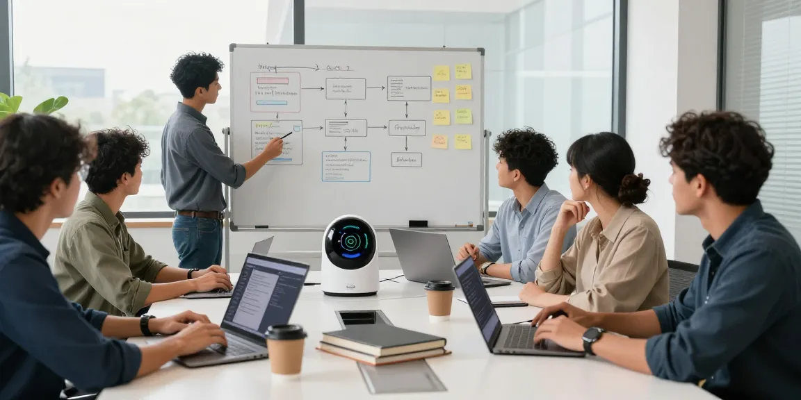 Team building internal tools with AI in a modern workspace, showcasing collaboration and technology integration.