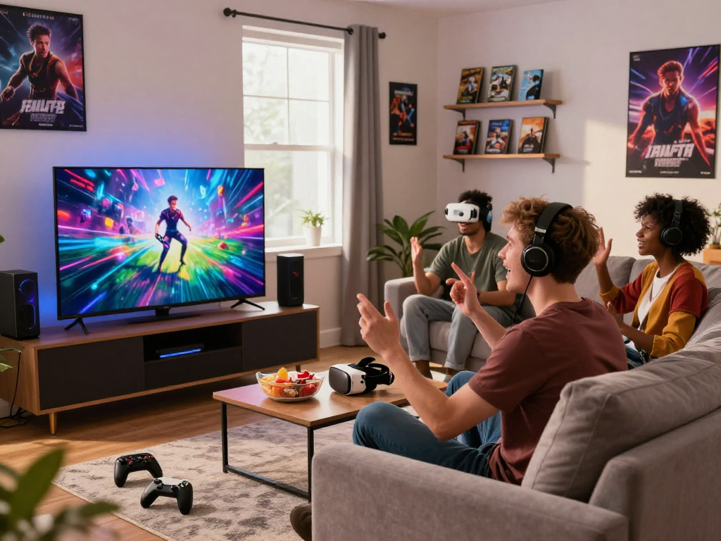 A vibrant gaming scene at https://rokok88.com featuring enthusiastic gamers enjoying video games together in a cozy living room.