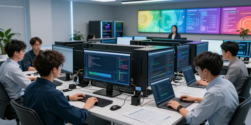 AI infrastructure scene showcasing collaboration in GPU computing, with scientists and servers processing data.