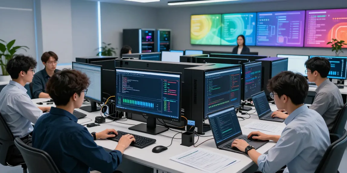 AI infrastructure scene showcasing collaboration in GPU computing, with scientists and servers processing data.