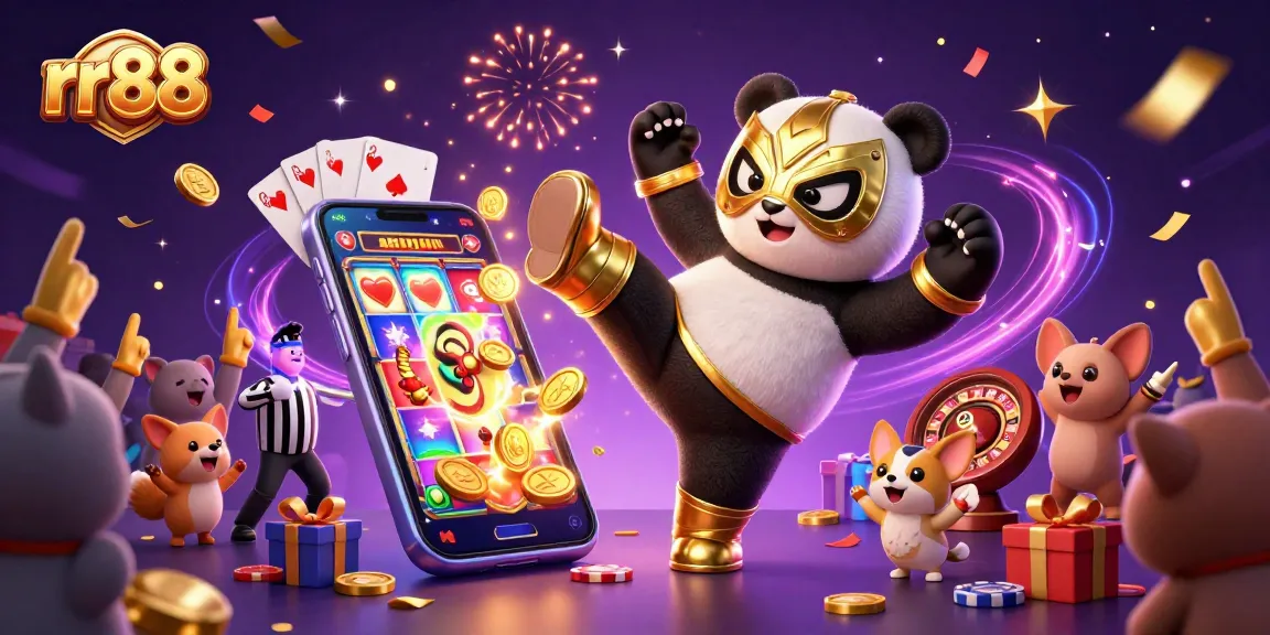 rr88 features a lively casino scene with a wrestler panda kicking, coins spilling, and vibrant game elements